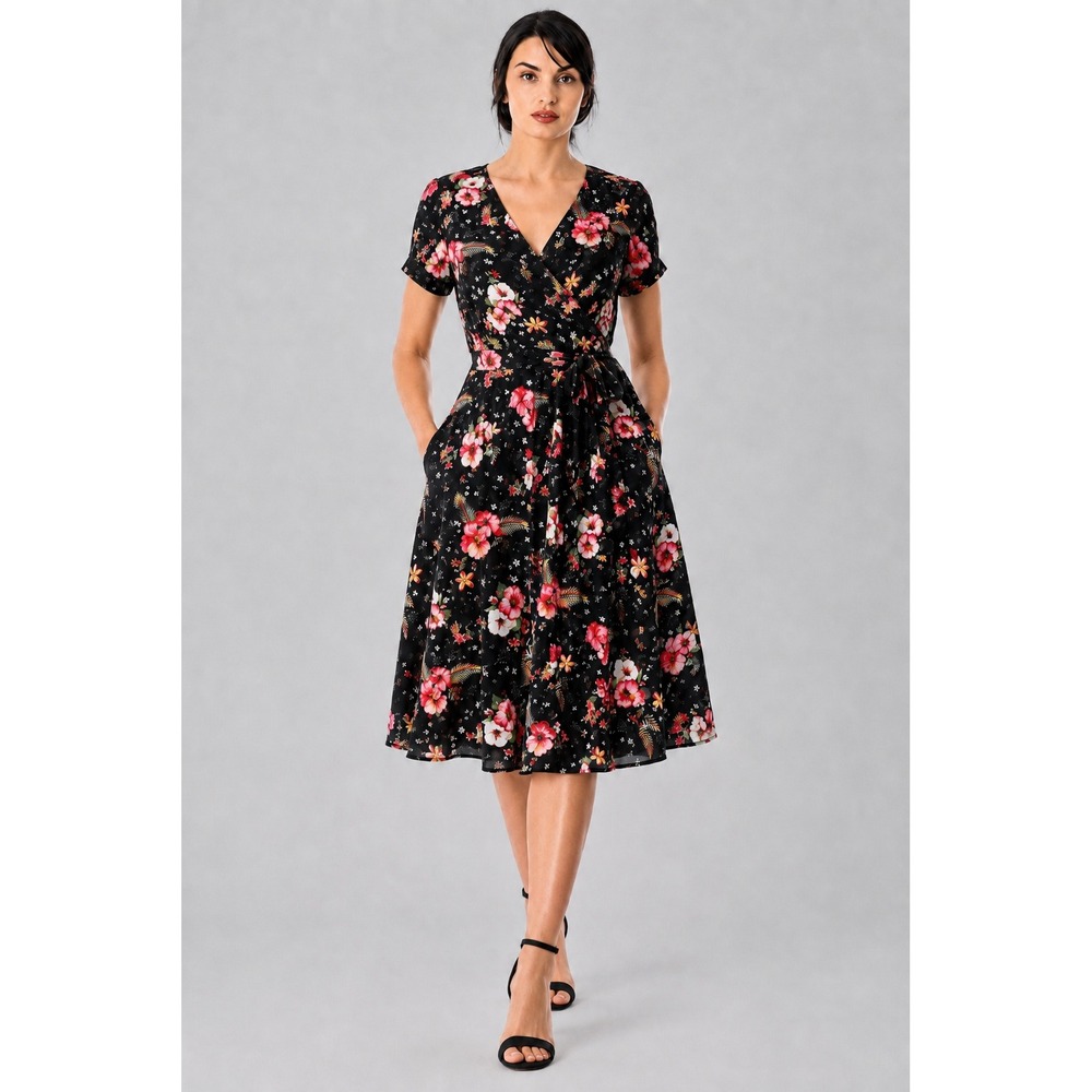 eShakti Black Floral V Neck Belted Fit Flare Dress Pockets Size S 4